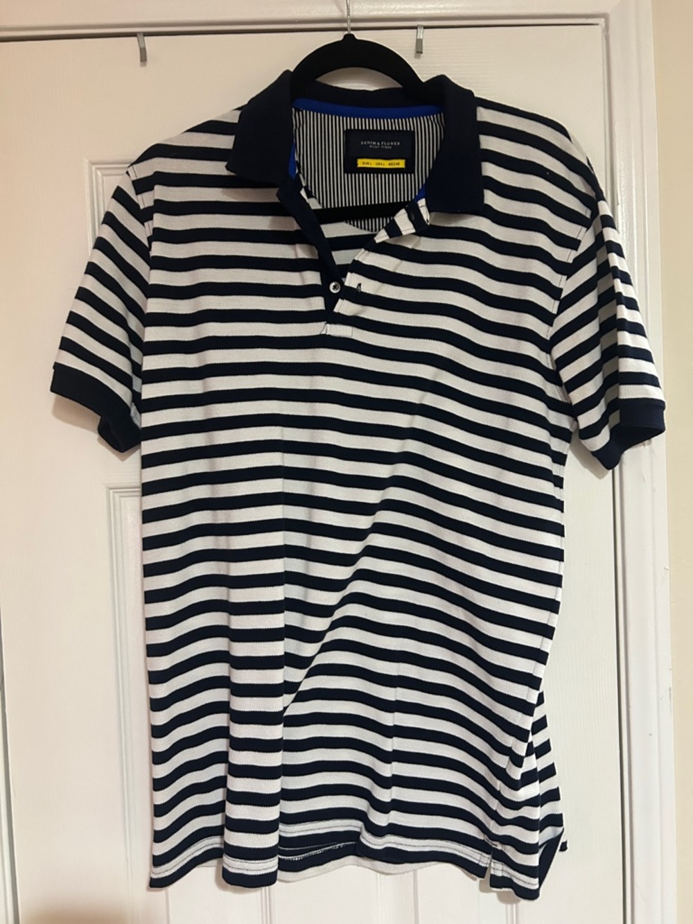Men's Navy & White Striped Polo Shirt - Classic Cotton Blend